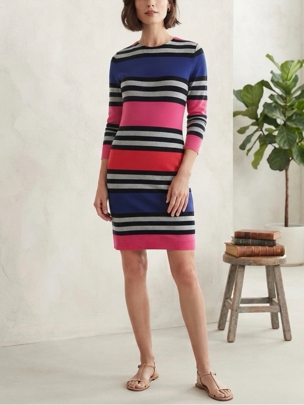 French Connection 3/4 Sleeve Black Pink Blue Stripe Cotton Bodycon Mini Dress